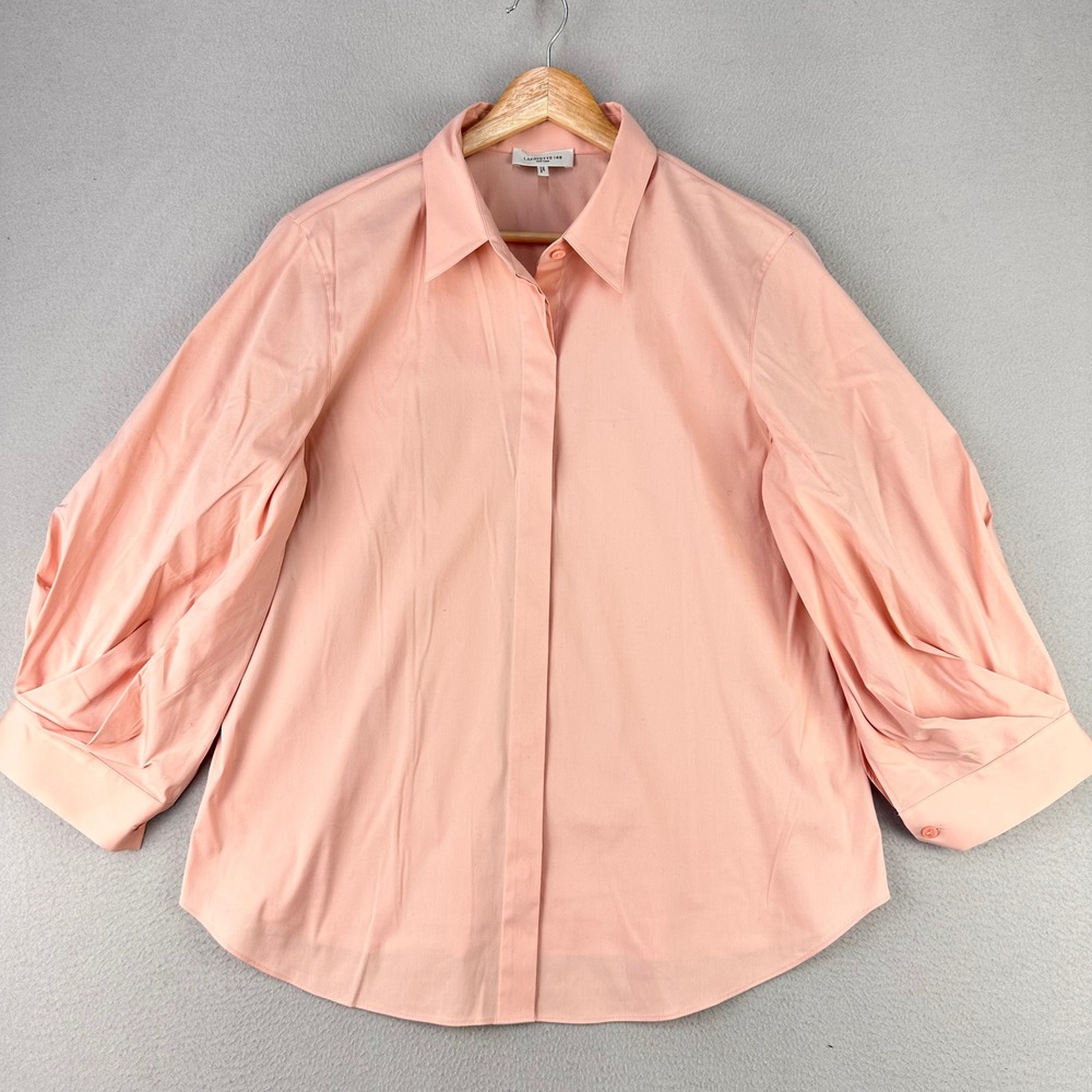 Lafayette 148 New York Button Down Shirt Blouse Womens 12 Pink Career Puff Sleev - Picture 1 of 8